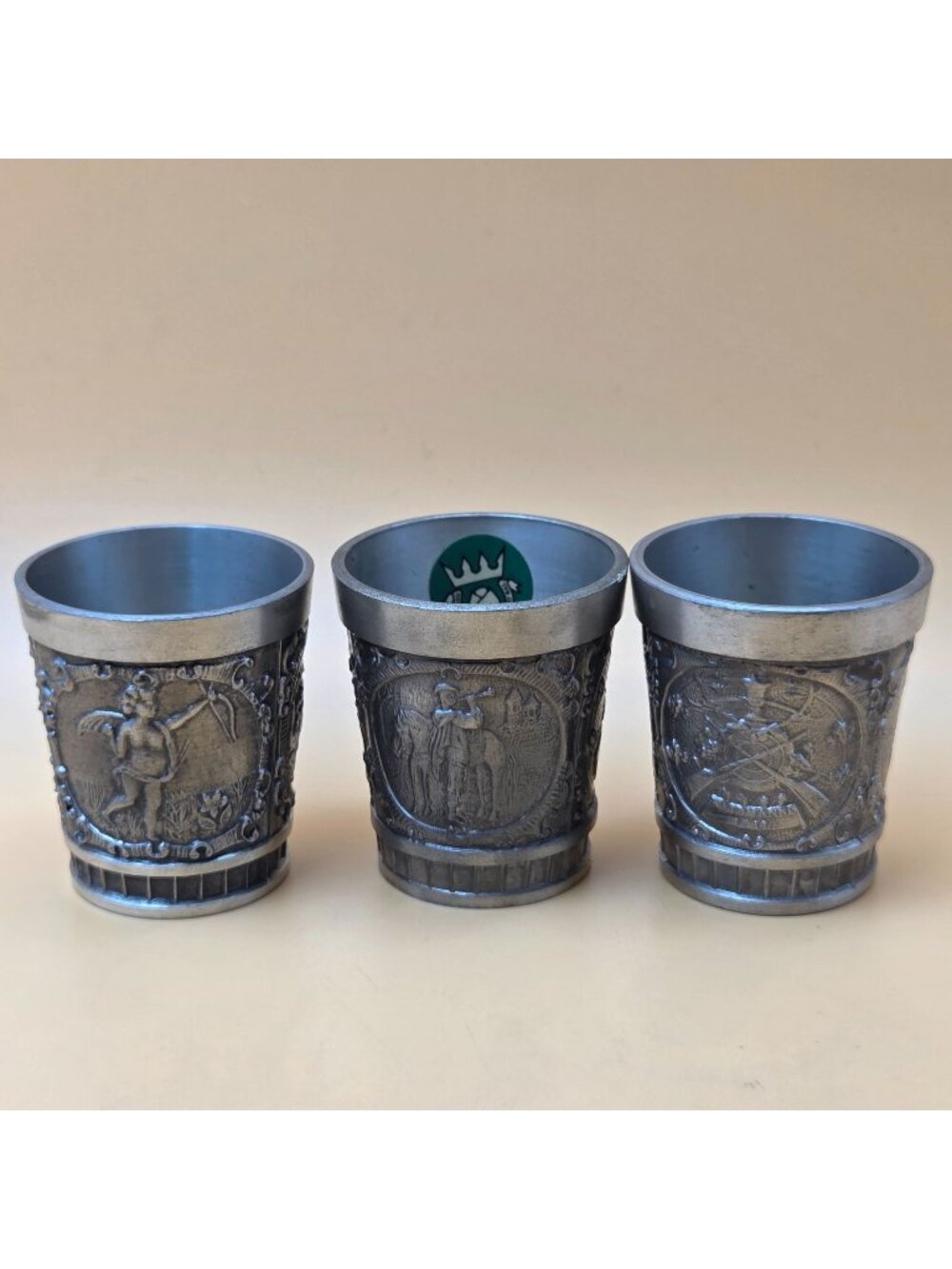Grenningloh German 95% Pewter Hunting Shot Glasses Set of 3